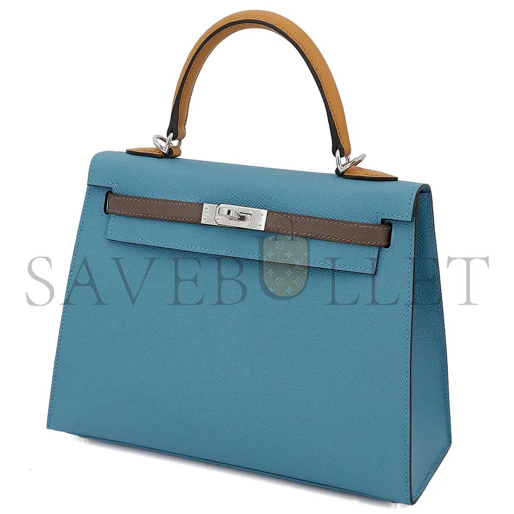 H**mes master kelly 25 bark color 2s sesame denim blue epsom silver buckle (25*17*7cm)